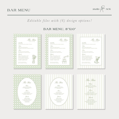 Green Rattan Wedding Bar Menu Template
