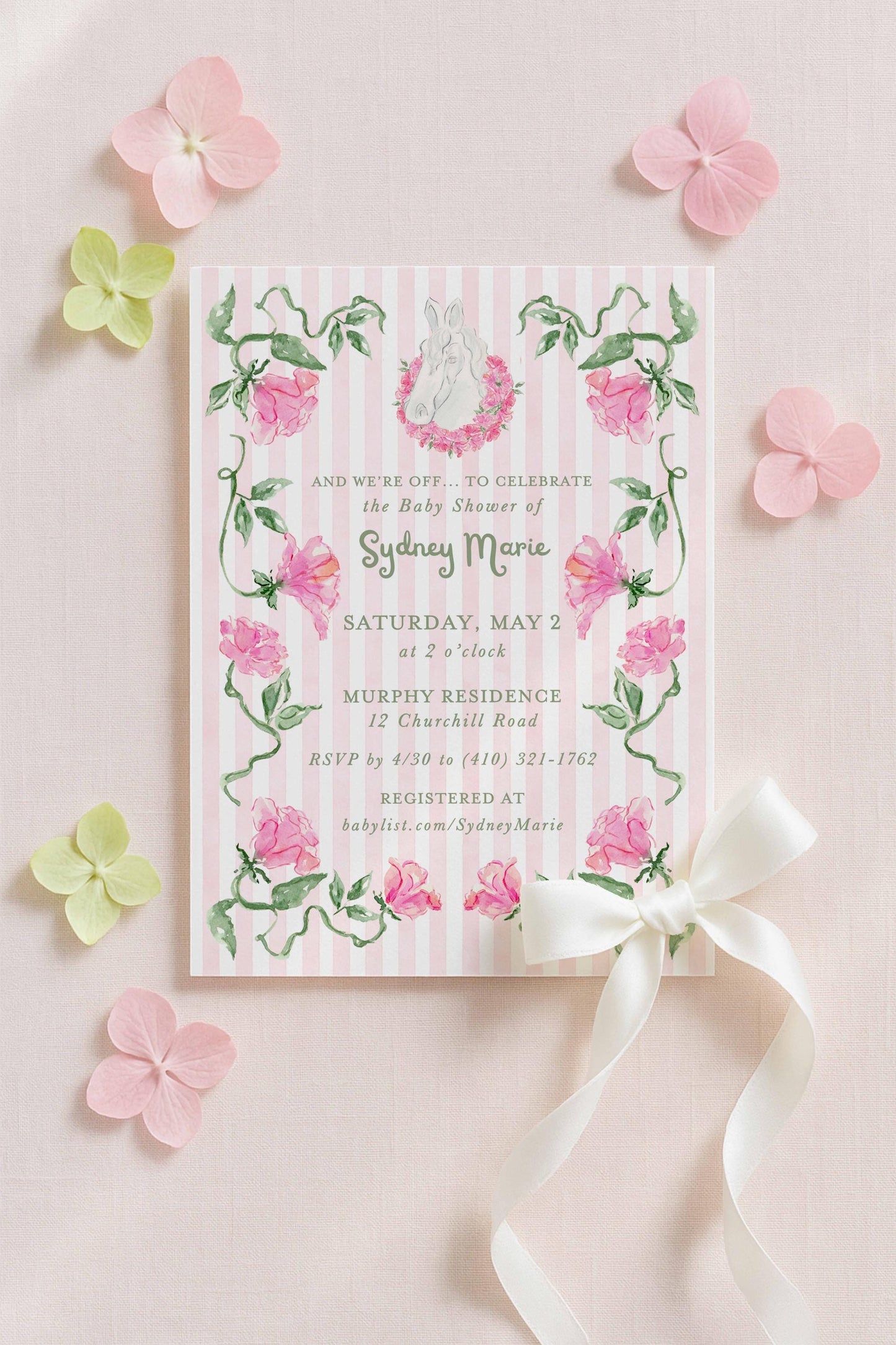 Striped Baby Shower Invitation Template | Green or Pink