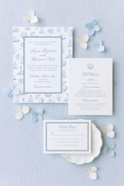 Coastal Toile Wedding Invitation Suite Template
