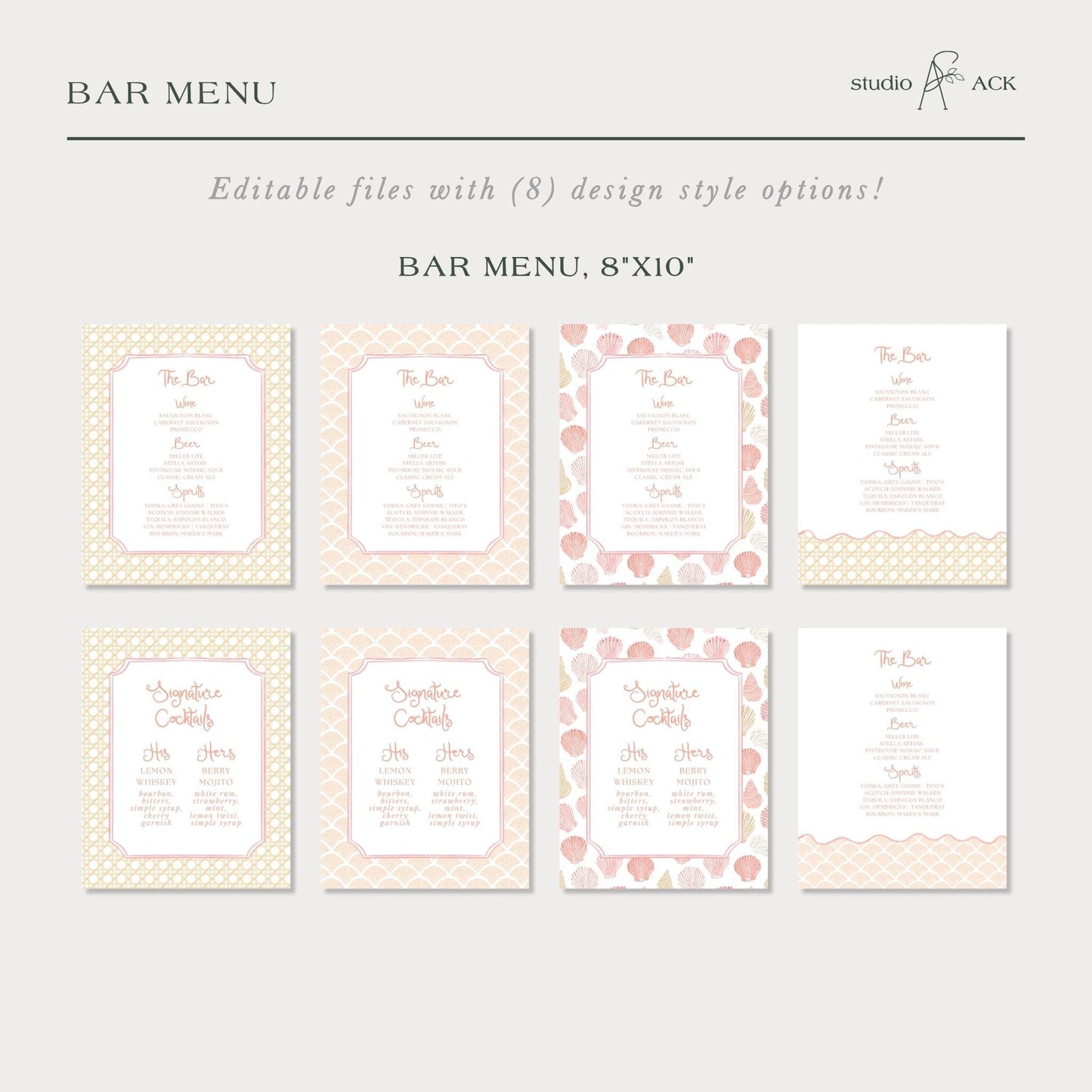 a collection of six different bar menu designs, each with a unique pattern and layout. The bar menu designs include a white background with a pink and white pattern, a white background with a pink and white pattern, and a white background with a pink and white pattern. The bar menu designs feature various text elements such as the title, drink names, and drink descriptions, providing a clear and visually appealing layout for a bar menu.