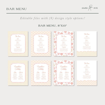 a collection of six different bar menu designs, each with a unique pattern and layout. The bar menu designs include a white background with a pink and white pattern, a white background with a pink and white pattern, and a white background with a pink and white pattern. The bar menu designs feature various text elements such as the title, drink names, and drink descriptions, providing a clear and visually appealing layout for a bar menu.
