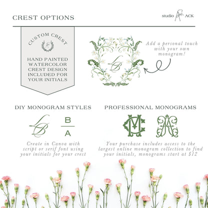 The image is a collage of various monogram styles and options for creating a custom crest. It includes hand-painted watercolor designs, DIY monogram styles, and professional monograms. The image does not contain any text that would describe each individual monogram style or provide additional information about the options available.