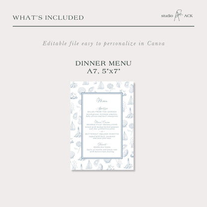 Coastal Toile Wedding Menu Template