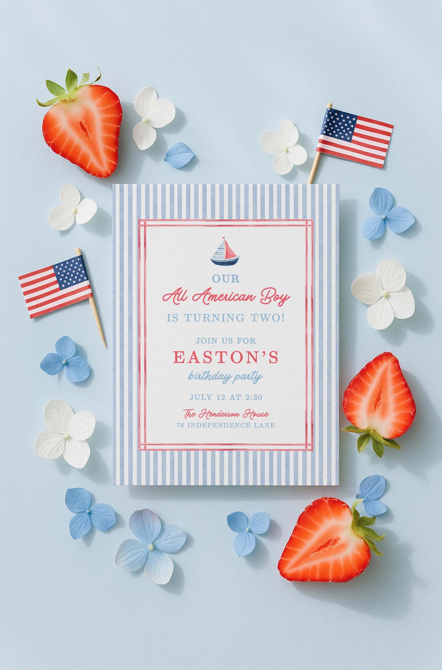 All American Boy Birthday Invitation Template, Red White Blue Striped Boy Birthday Invite, Hand Painted Watercolor Design, Patriotic Party