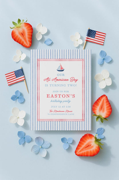 All American Boy Birthday Invitation Template, Red White Blue Striped Boy Birthday Invite, Hand Painted Watercolor Design, Patriotic Party