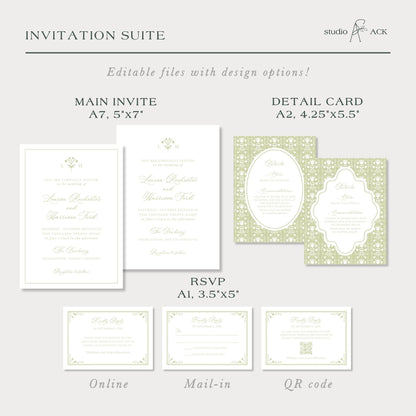 a collection of wedding invitation suite designs, including the main invitee, detail card, RSVP, online, and mail-in options. The invitation suite designs are editable with design options, and they come in various sizes, such as A7, A2, and A4. The designs feature a green and white color scheme, and they are presented in a collage format.