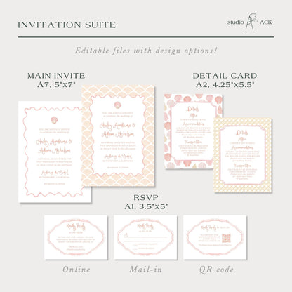 a collection of wedding invitation suite designs, including the main invitee, detail card, RSVP, and online and mail-in options.