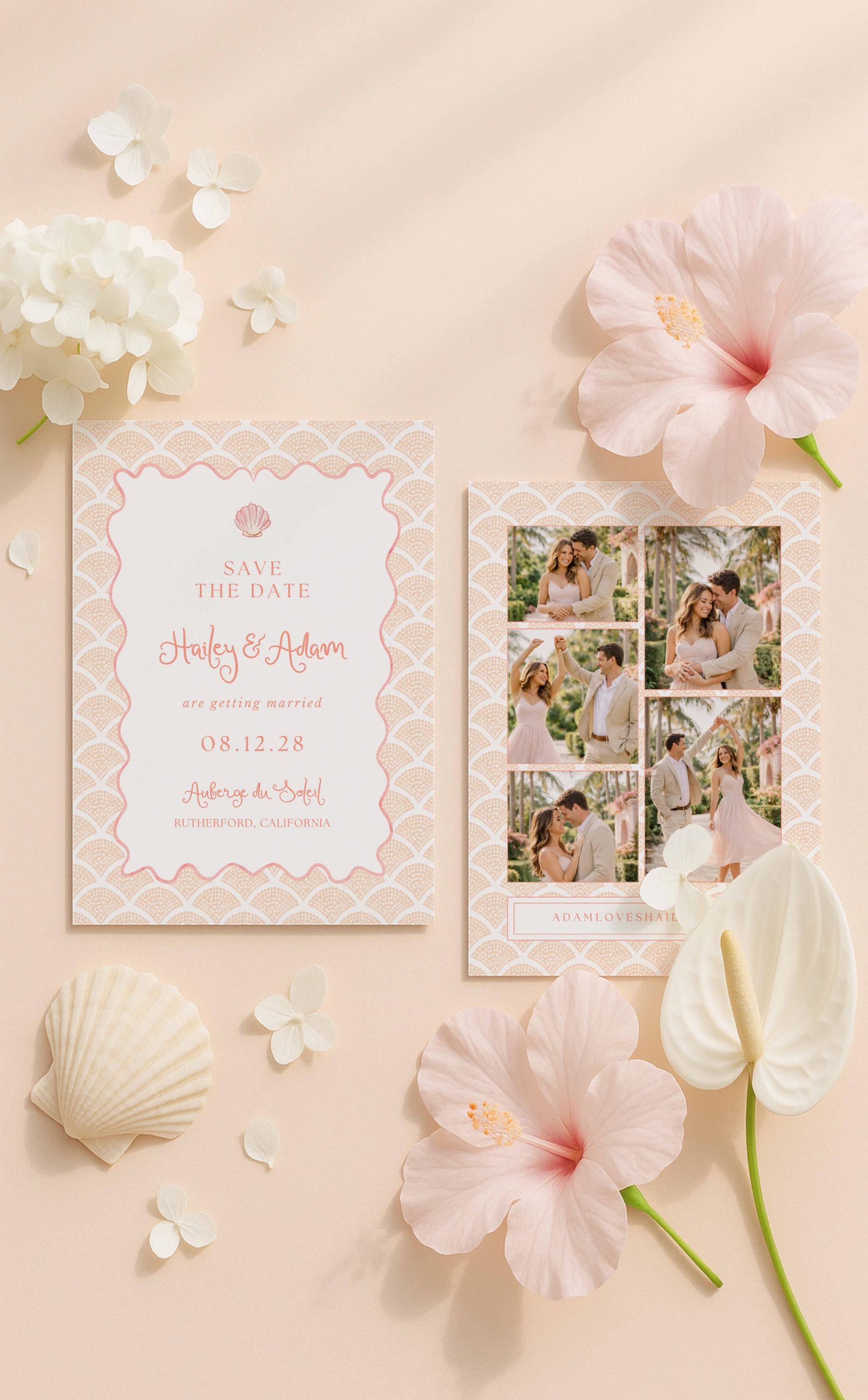 a pink and white wedding invitation card with the text "Save the Date" and "Haley & Adam are getting married 08.12.28 at Audenor de San Pedro, California" along with a photo of the couple. The invitation card is surrounded by various flowers, including a pink hibiscus, a white hyacinth, and a white orchid, as well as seashells and a photo of the couple.