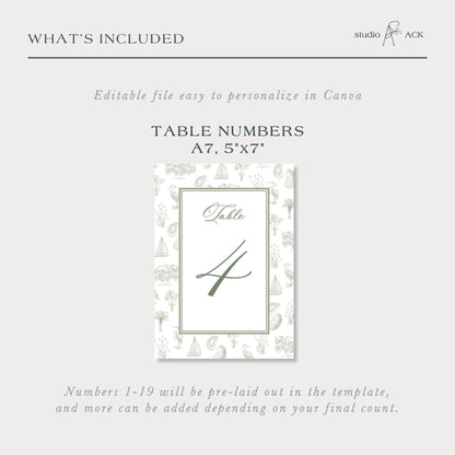 Southern Toile Wedding Table Number Template