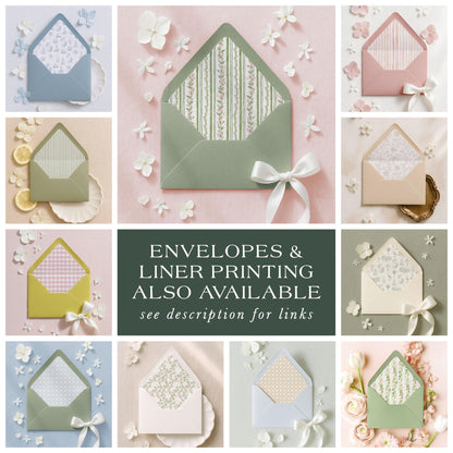 The image is a collage of various envelopes and liners, showcasing different designs and patterns. The text in the image indicates that envelopes and liners are available for printing, and there is a description for links available for further information.
