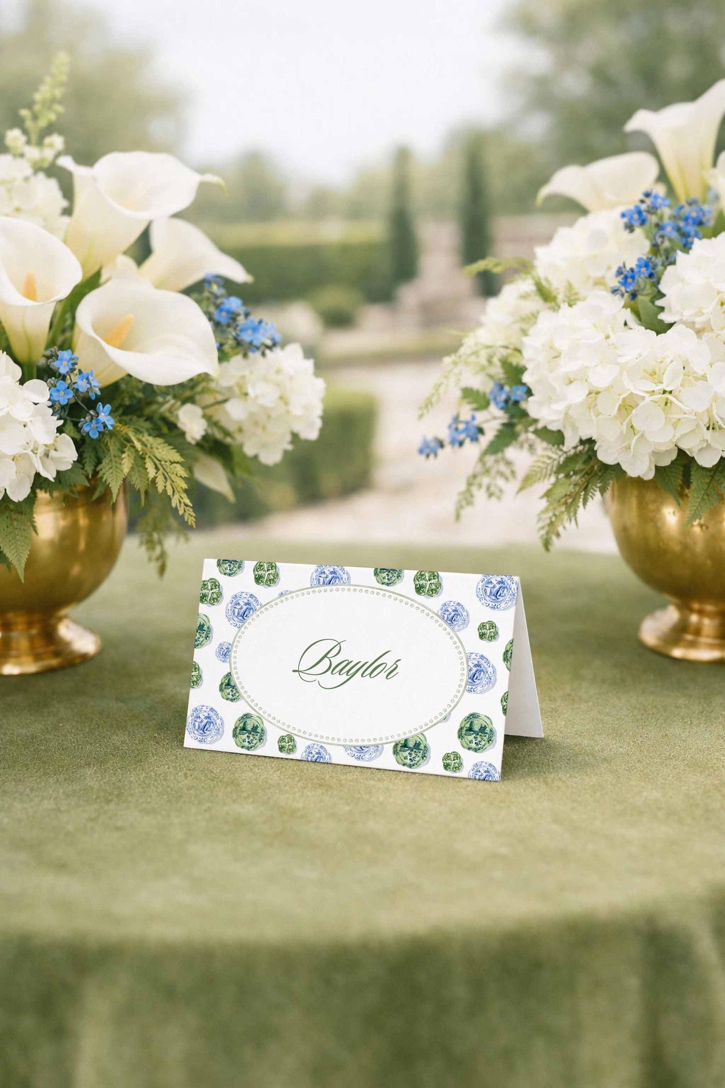 Blue, White & Green Wedding Place Card Template