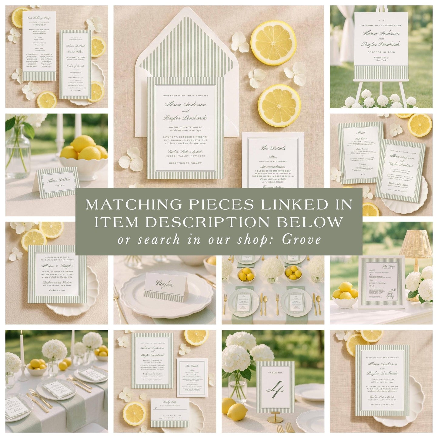 The image is a collage of various wedding-related items, including menus, place settings, and decorative elements, all featuring a color scheme of white, green, and yellow.