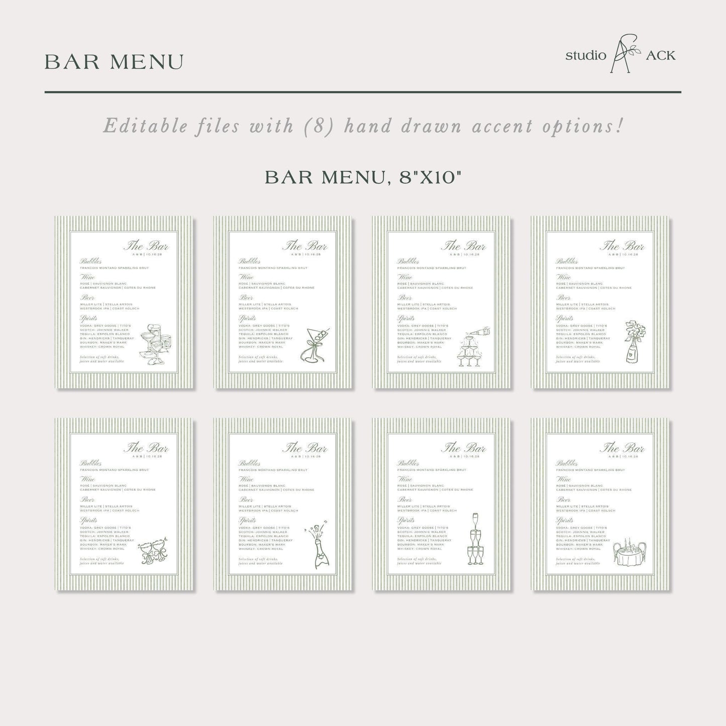 Green Striped Wedding Bar Menu Template