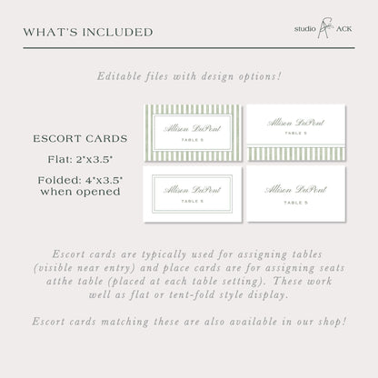 Green Striped Wedding Escort Card Template