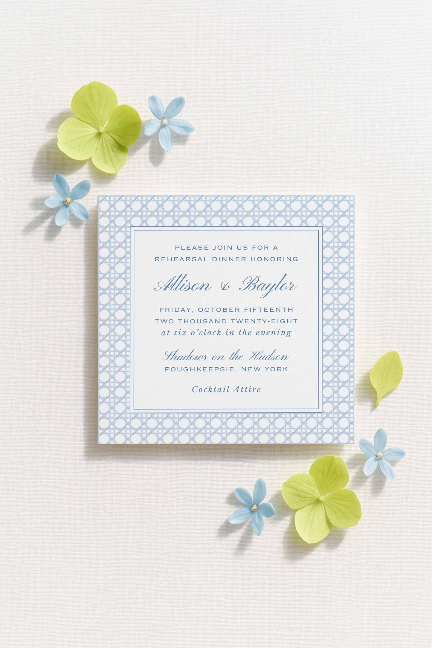 Blue Rattan Rehearsal Dinner Invitation