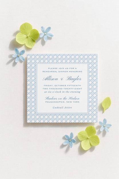 Blue Rattan Rehearsal Dinner Invitation