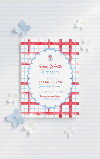 Red, White & Two Birthday Invitation Template
