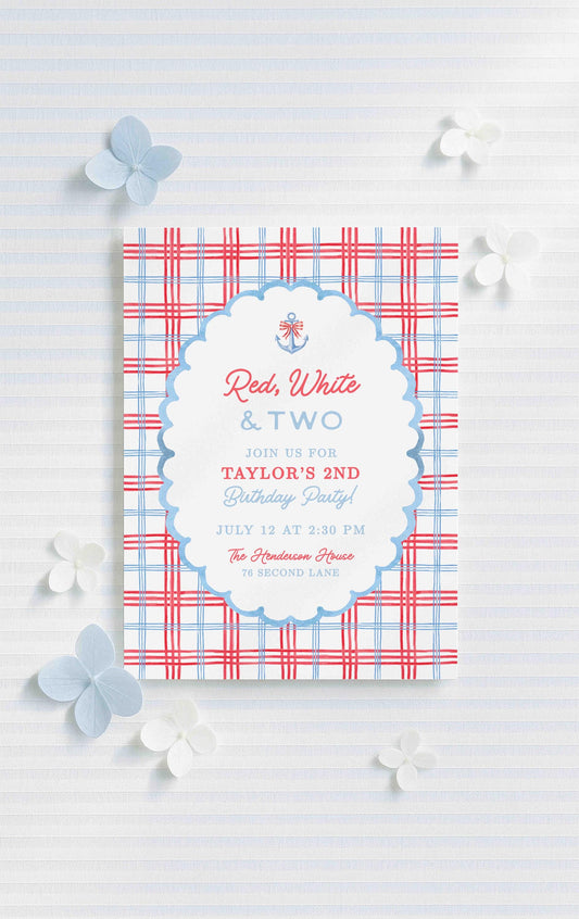 Red, White & Two Birthday Invitation Template