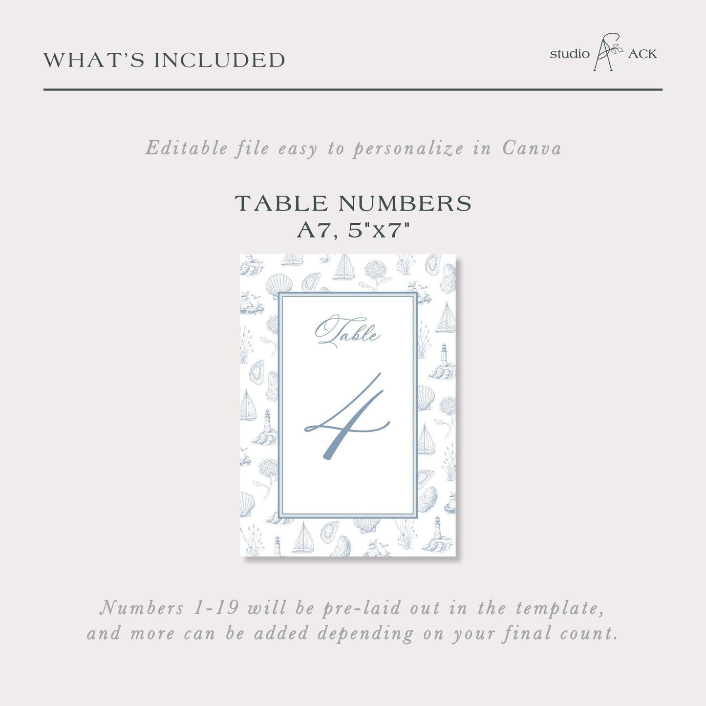 Coastal Toile Wedding Table Number Template