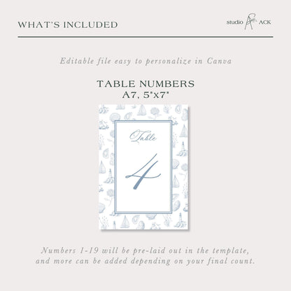 Coastal Toile Wedding Table Number Template