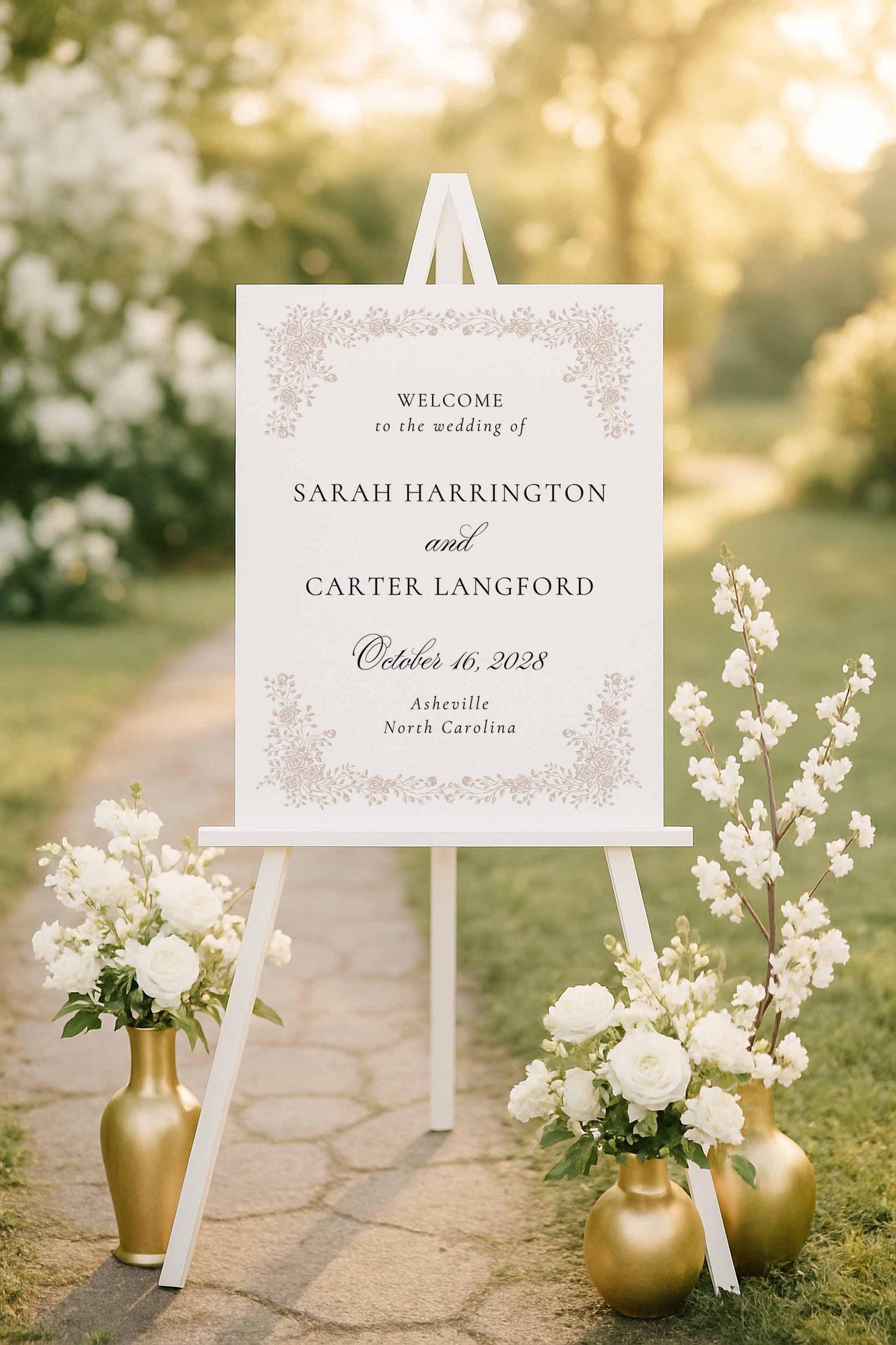 Large neutral wedding welcome sign with elegant hand drawn floral illustrations displayed on an easel.