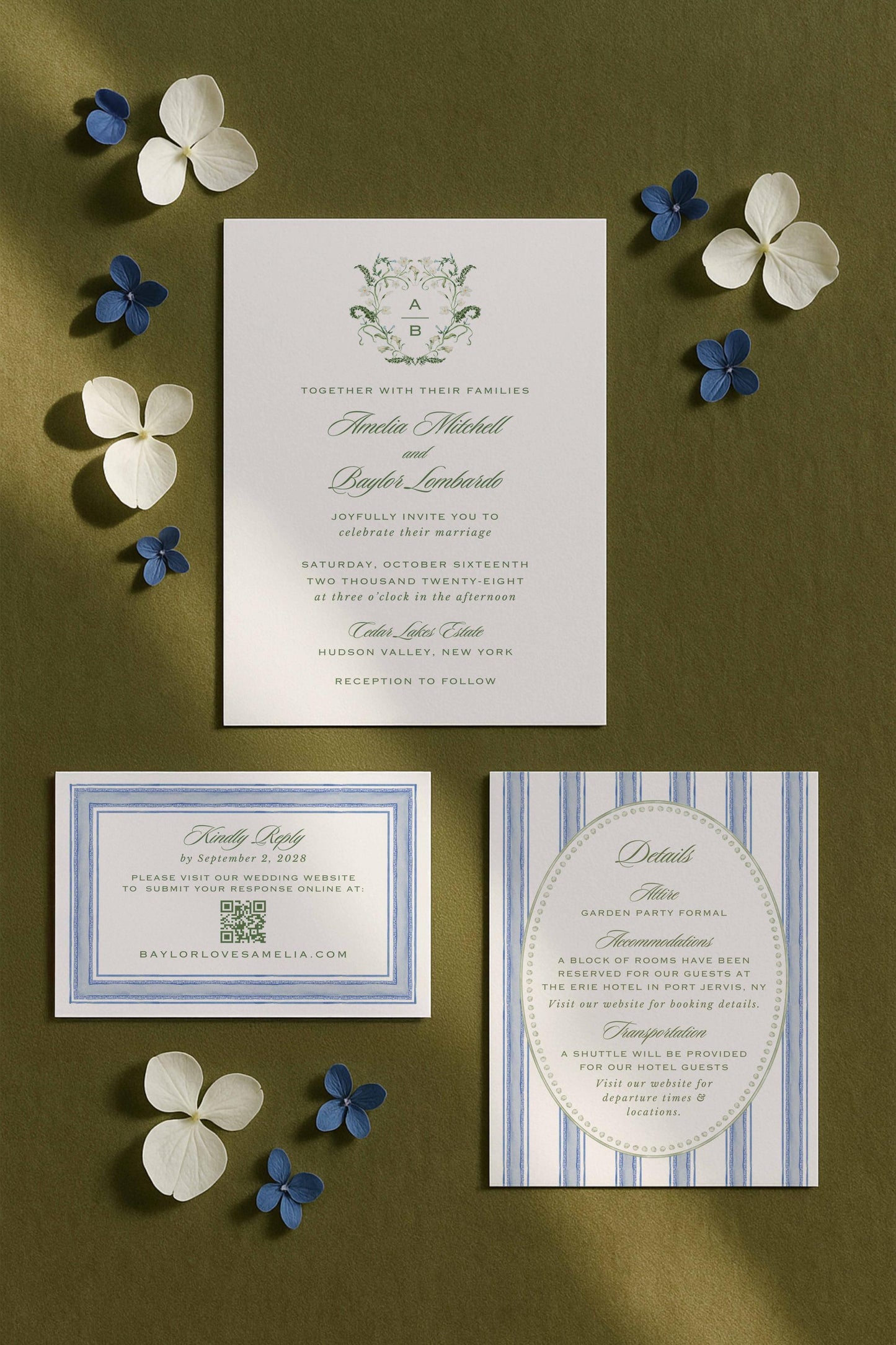 Blue, White & Green Wedding Invitation Suite Template