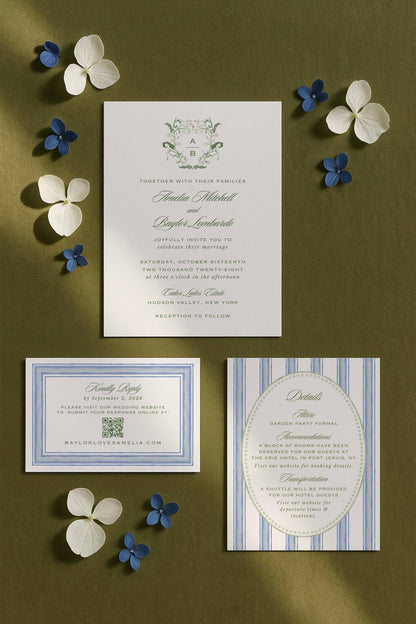 Blue, White & Green Wedding Invitation Suite Template