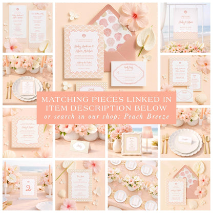 The image is a collage of various wedding-related items and decorations, including wedding invitations, place settings, floral arrangements, and other accessories, all in a peach and white color scheme.