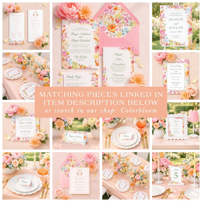 The image is a collage of various floral-themed wedding elements, including floral arrangements, place settings, and other decorative items. The collage includes images of wedding invitations, menus, table settings, and floral centerpieces, all featuring a consistent color scheme of pink and orange.