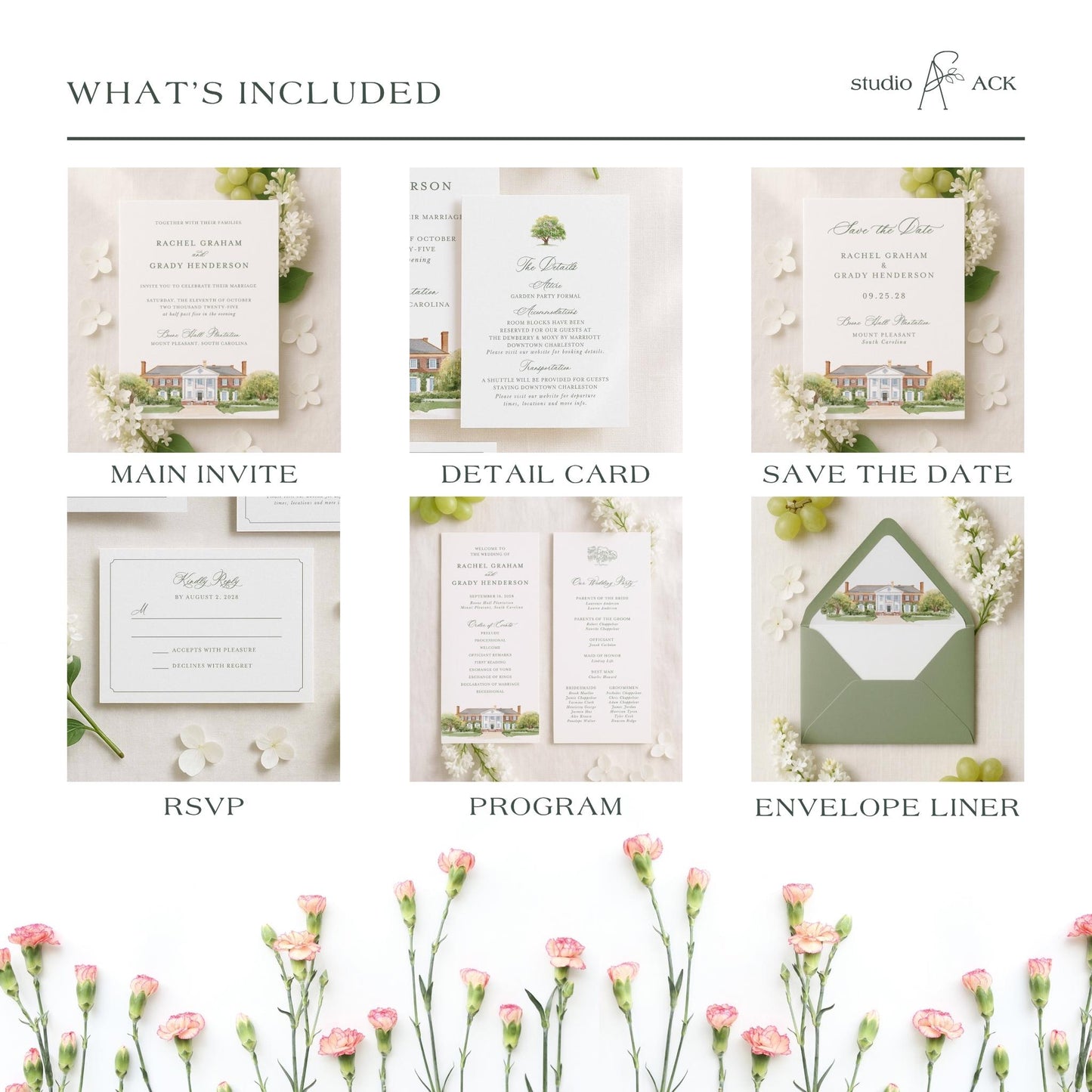 The image is a collage of six wedding invitation designs, each with different details and elements, including the main invite, detail card, save the date, RSVP, program, and envelope liner.
