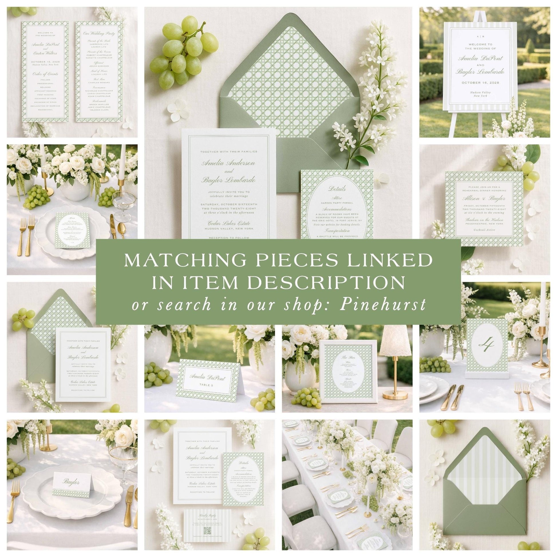 The image is a collage of various wedding-related items, including invitations, floral arrangements, place settings, and other decorative elements, all in a green and white color scheme.