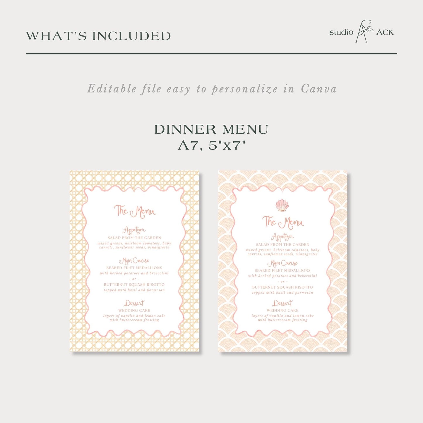 a printed dinner menu with two different designs, one with a floral pattern and the other with a geometric pattern. The menu is titled "Dinner Menu A7, 5'x7" and includes a section for "Dessert" with options like "Dessert" and "Dessert" described in detail. The text is styled in a clean, modern font, and the layout is simple and straightforward.