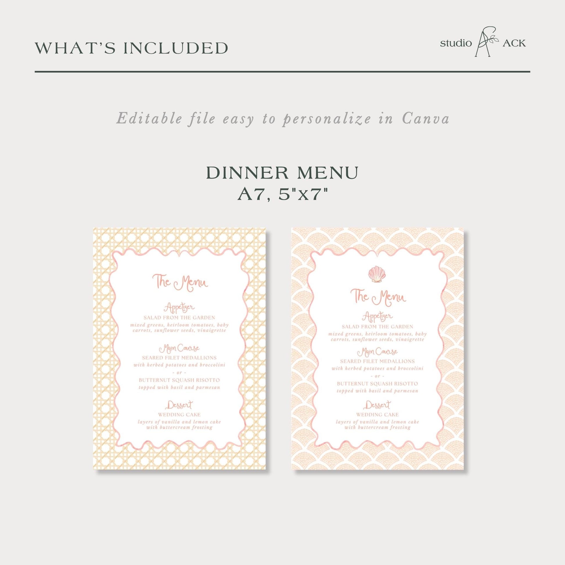 a printed dinner menu with two different designs, one with a floral pattern and the other with a geometric pattern. The menu is titled "Dinner Menu A7, 5'x7" and includes a section for "Dessert" with options like "Dessert" and "Dessert" described in detail. The text is styled in a clean, modern font, and the layout is simple and straightforward.