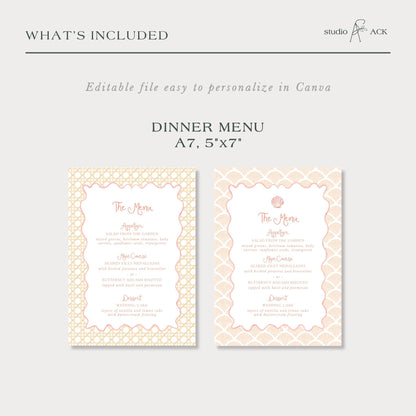 a printed dinner menu with two different designs, one with a floral pattern and the other with a geometric pattern. The menu is titled "Dinner Menu A7, 5'x7" and includes a section for "Dessert" with options like "Dessert" and "Dessert" described in detail. The text is styled in a clean, modern font, and the layout is simple and straightforward.