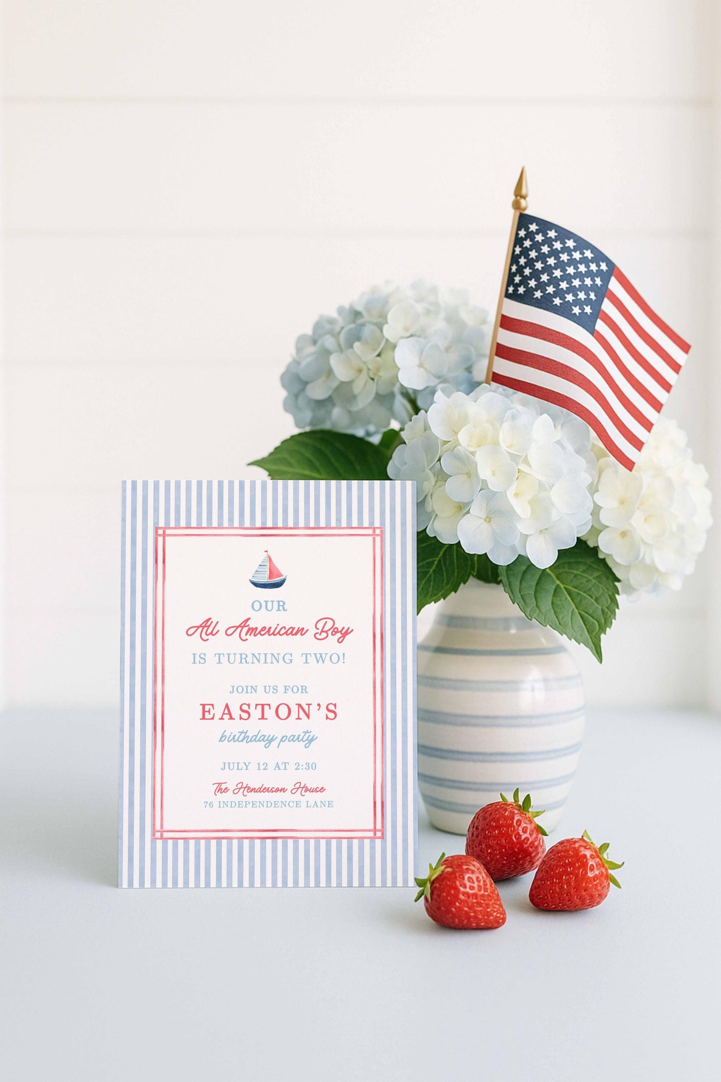 All American Boy Birthday Invitation Template, Red White Blue Striped Boy Birthday Invite, Hand Painted Watercolor Design, Patriotic Party