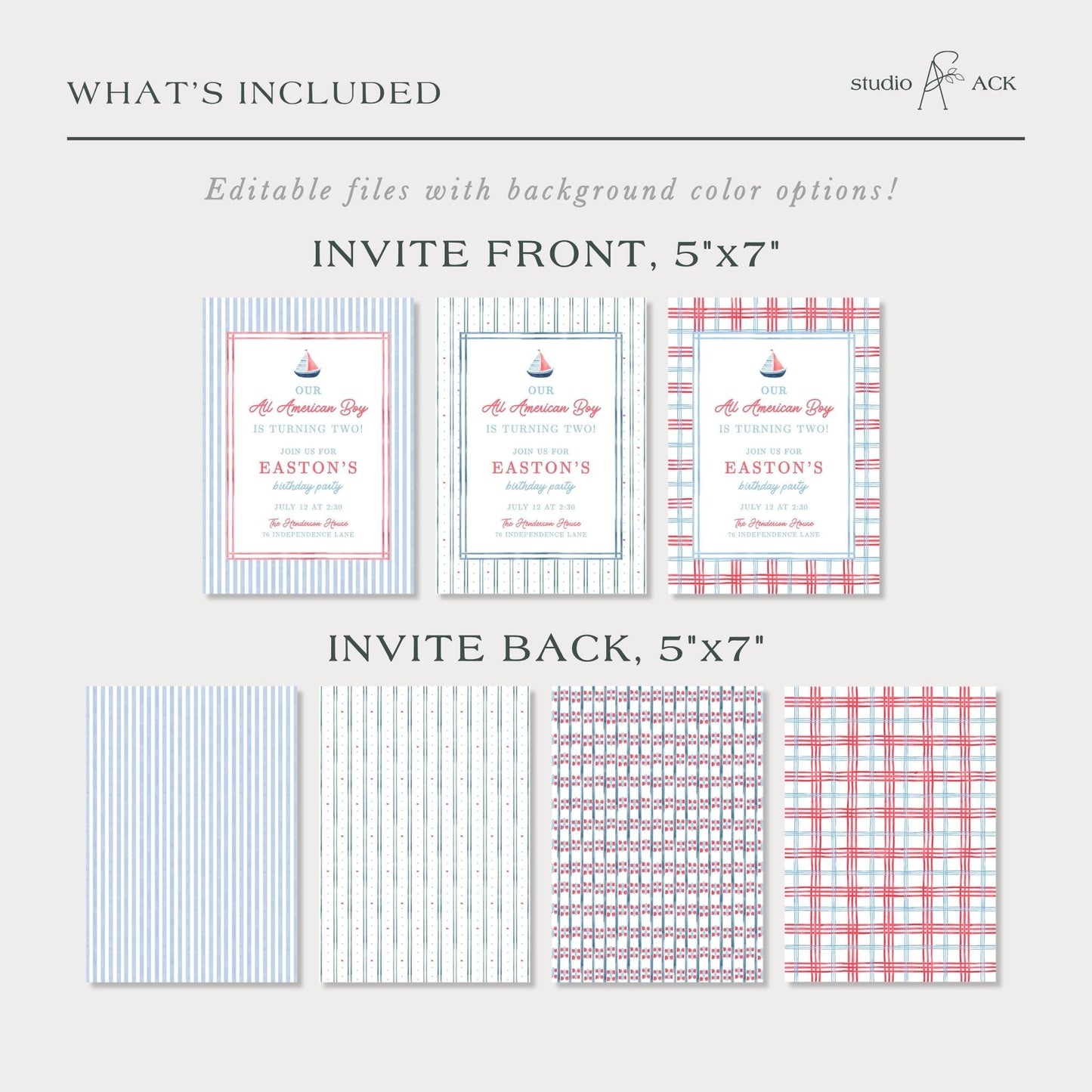 All American Boy Birthday Invitation Template, Red White Blue Striped Boy Birthday Invite, Hand Painted Watercolor Design, Patriotic Party