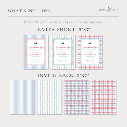 All American Boy Birthday Invitation Template, Red White Blue Striped Boy Birthday Invite, Hand Painted Watercolor Design, Patriotic Party