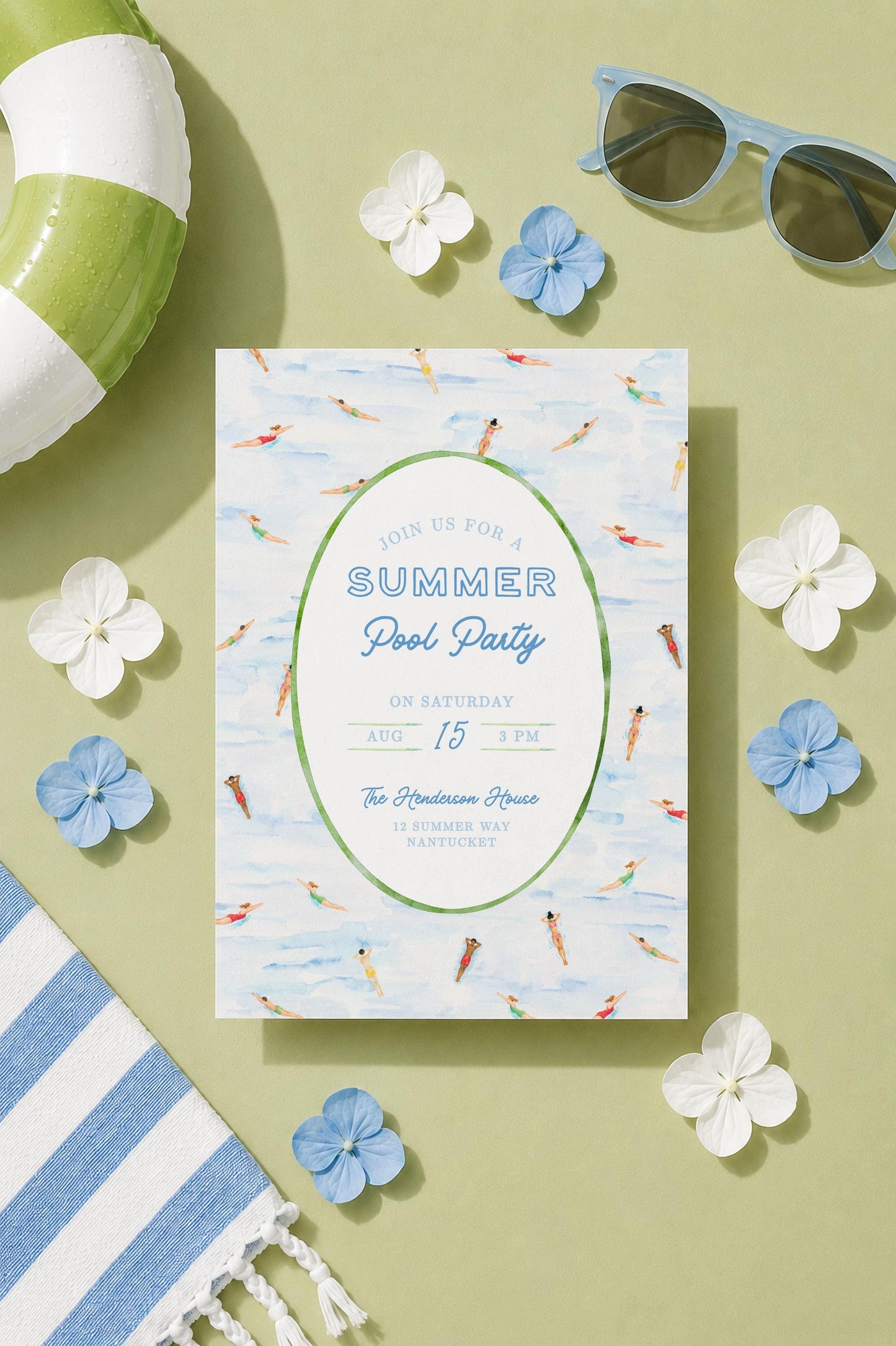 Watercolor Birthday Pool Party Invitation Template, Summer Birthday Invite, Swim Party, Poolside Celebration, Fun Swimming Bday Party
