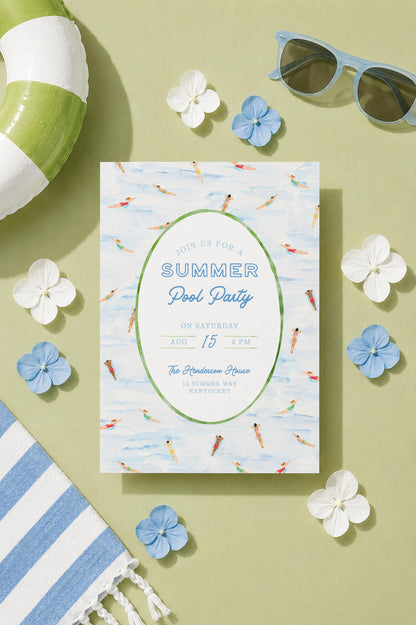 Watercolor Birthday Pool Party Invitation Template, Summer Birthday Invite, Swim Party, Poolside Celebration, Fun Swimming Bday Party