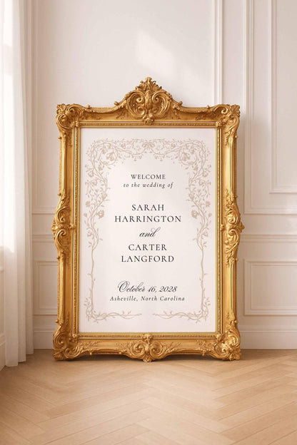 Neutral Floral Line Art Wedding Welcome Sign Template
