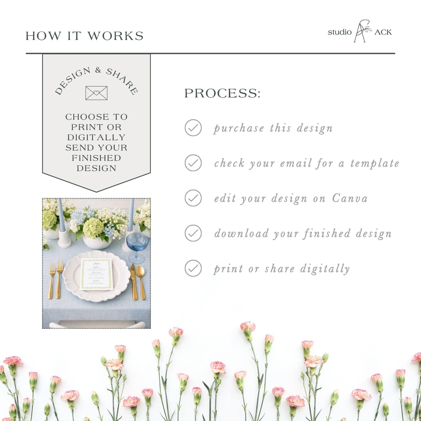 The image is a collage of two images. The top image shows a table setting with a white plate, goldware, and a vase of flowers. The bottom image features a bouquet of pink flowers. The collage does not contain any text.