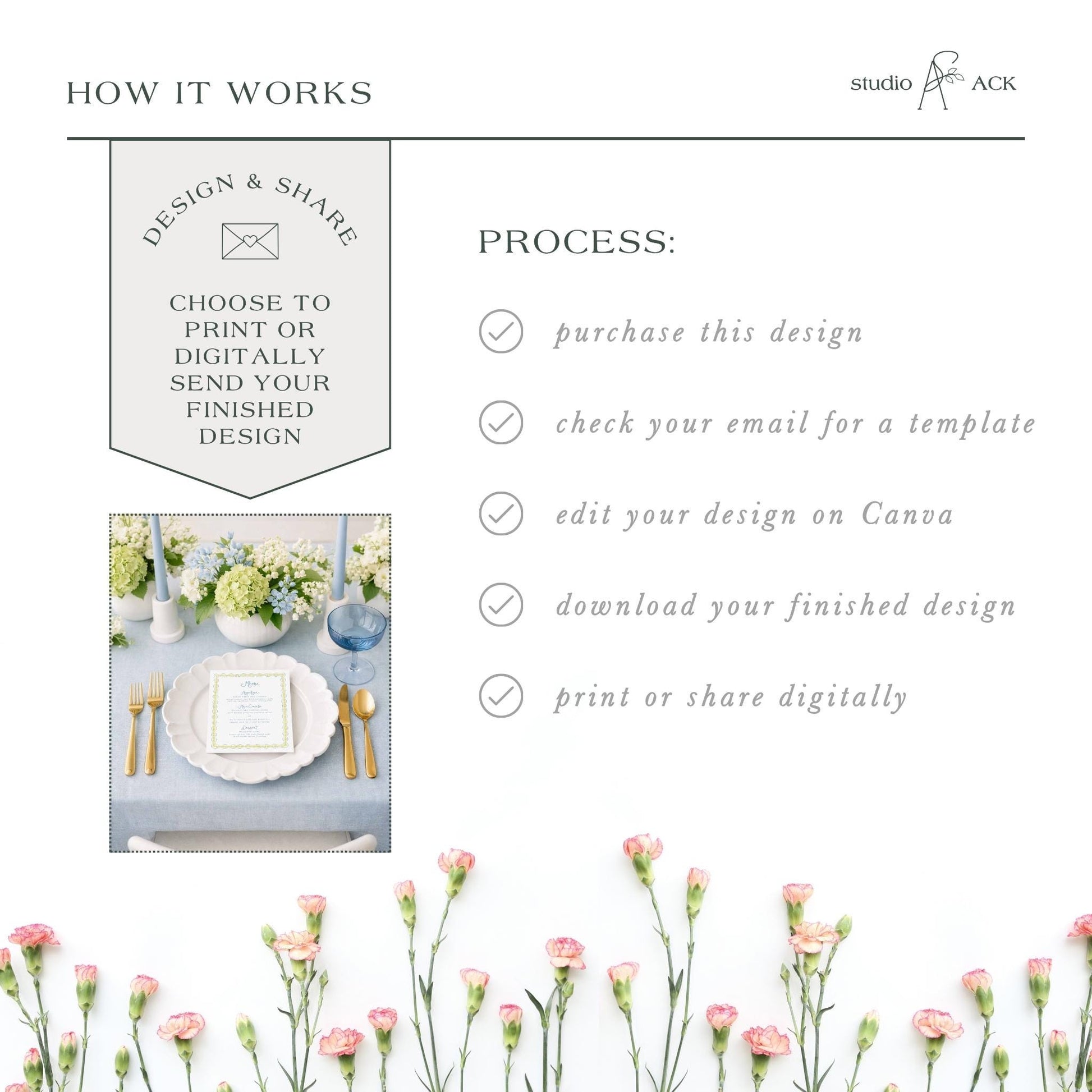 The image is a collage of two images. The top image shows a table setting with a white plate, goldware, and a vase of flowers. The bottom image features a bouquet of pink flowers. The collage does not contain any text.