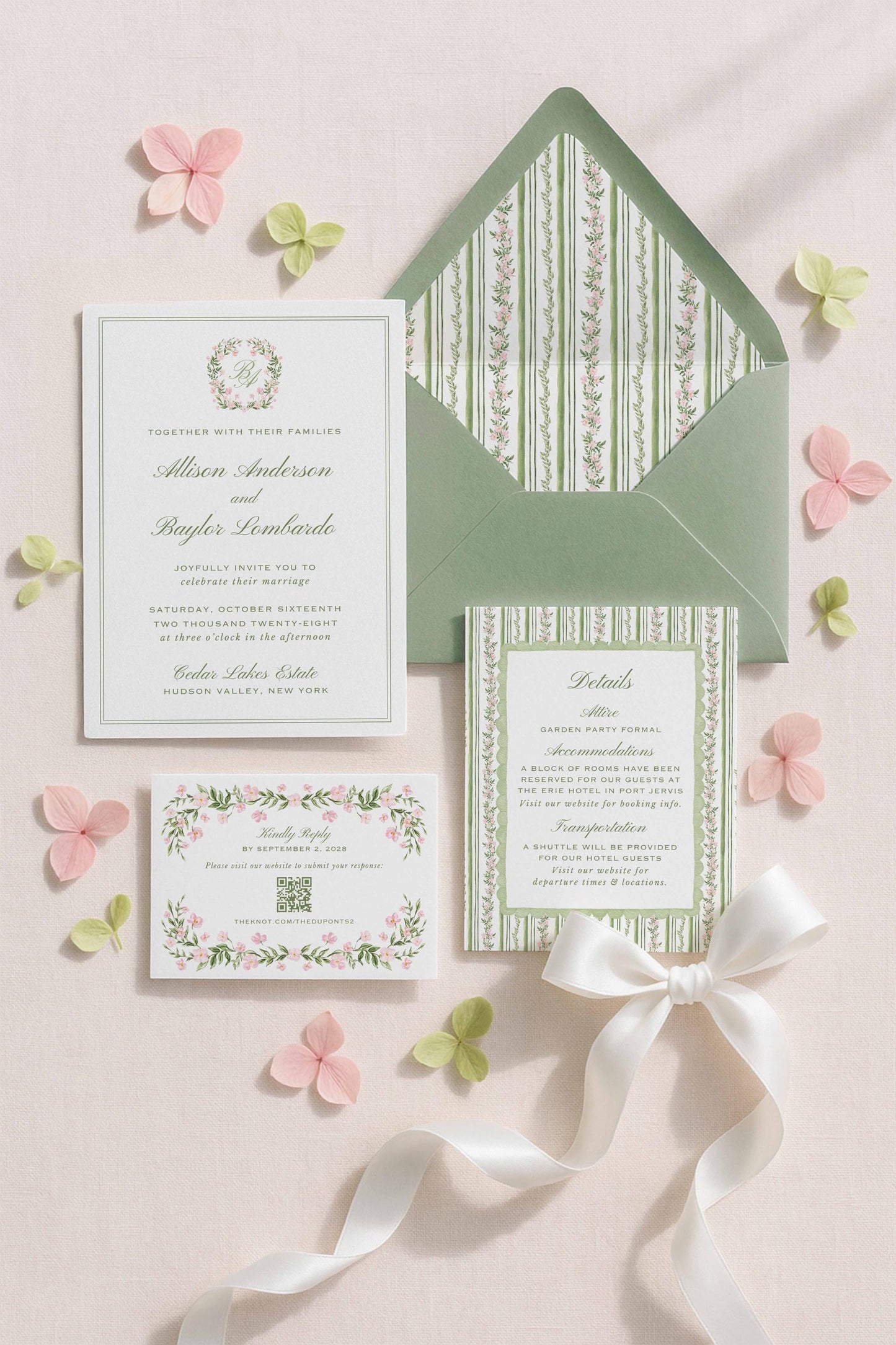 a wedding invitation set against a light pink background, surrounded by pink and green floral elements.