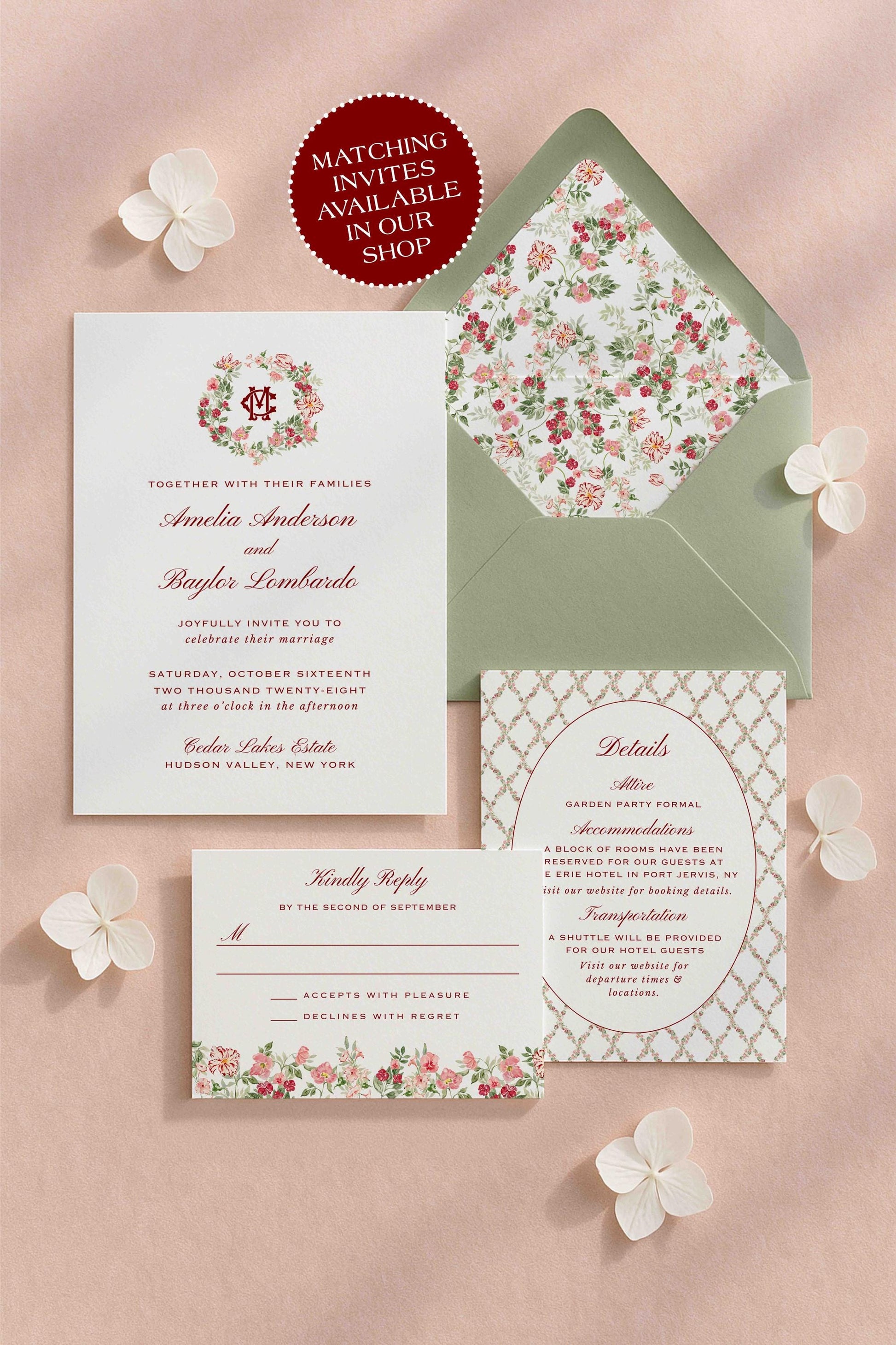 a wedding invitation set against a pink background, with a matching envelope and floral accents.