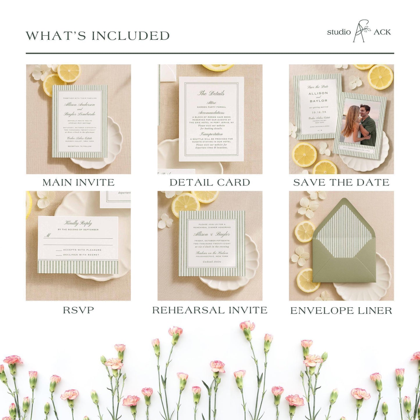 Hand-painted green stripe wedding design collection shown with multiple coordinating stationery pieces.