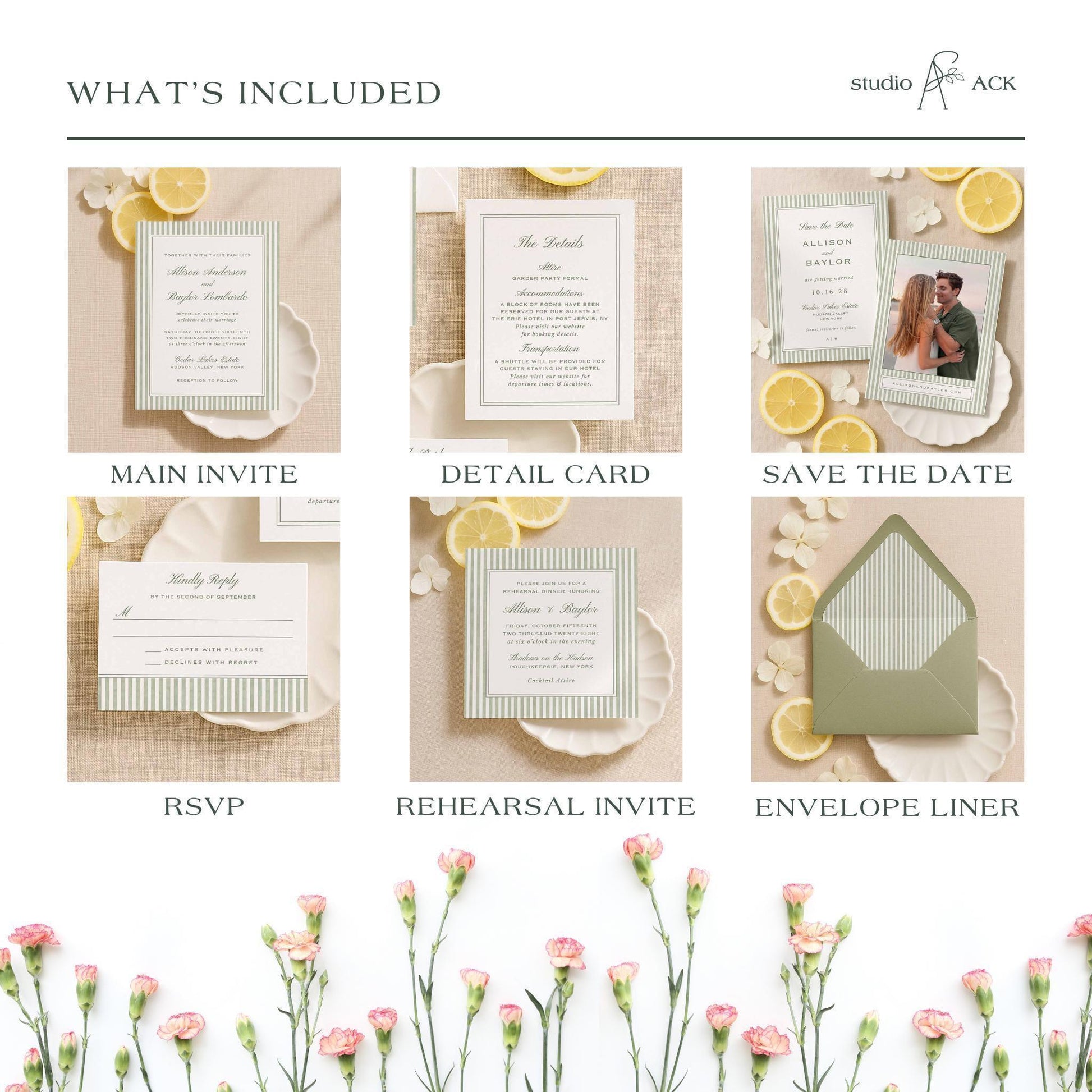 Hand-painted green stripe wedding design collection shown with multiple coordinating stationery pieces.