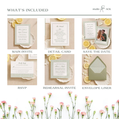 Hand-painted green stripe wedding design collection shown with multiple coordinating stationery pieces.