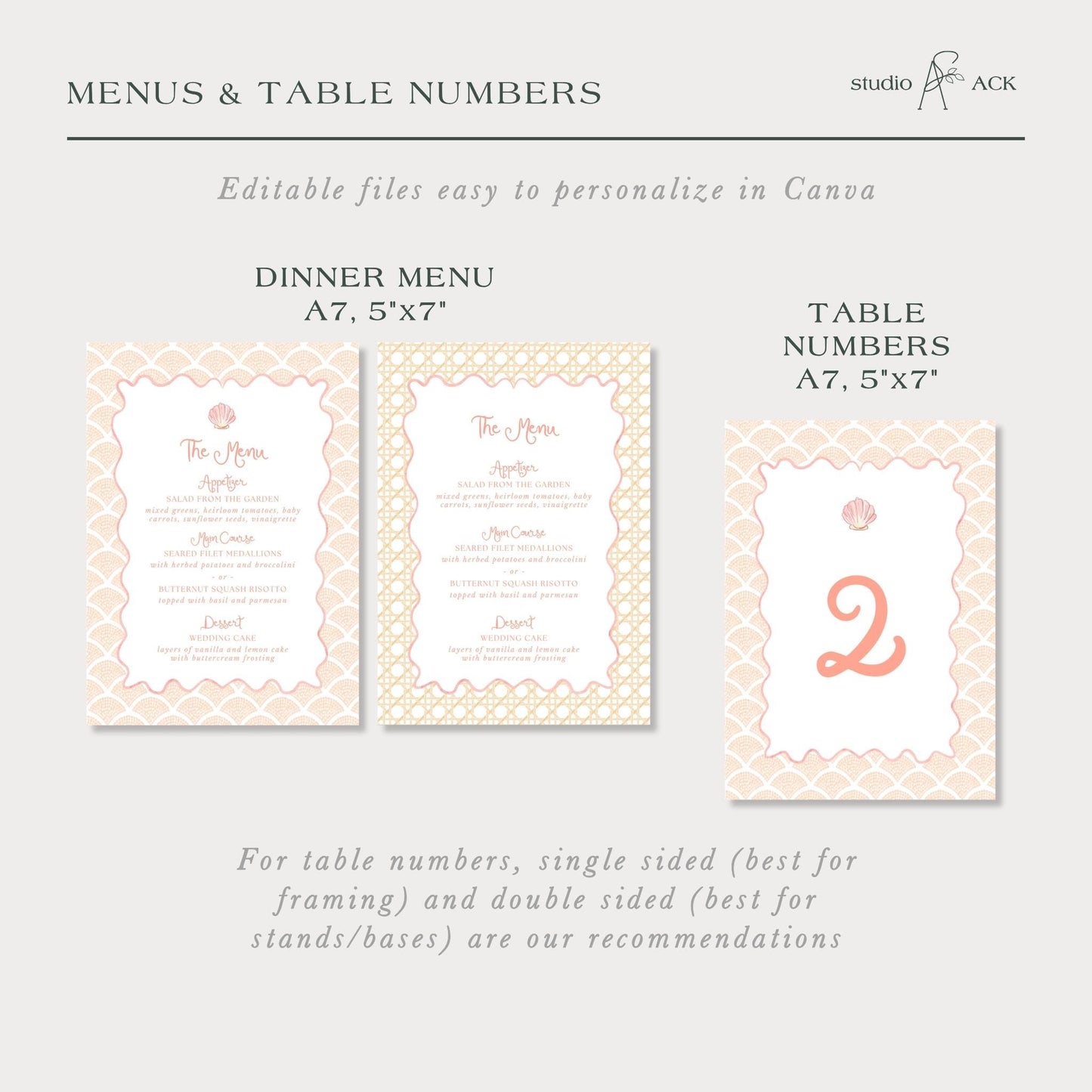 three different menu and table number designs, each with a unique pattern and layout. The text suggests that these designs can be edited to personalize in Canva, and the image is a collage of three separate images. The text provides recommendations for choosing the right design for table numbers, with a focus on single-sided and double-sided framing.