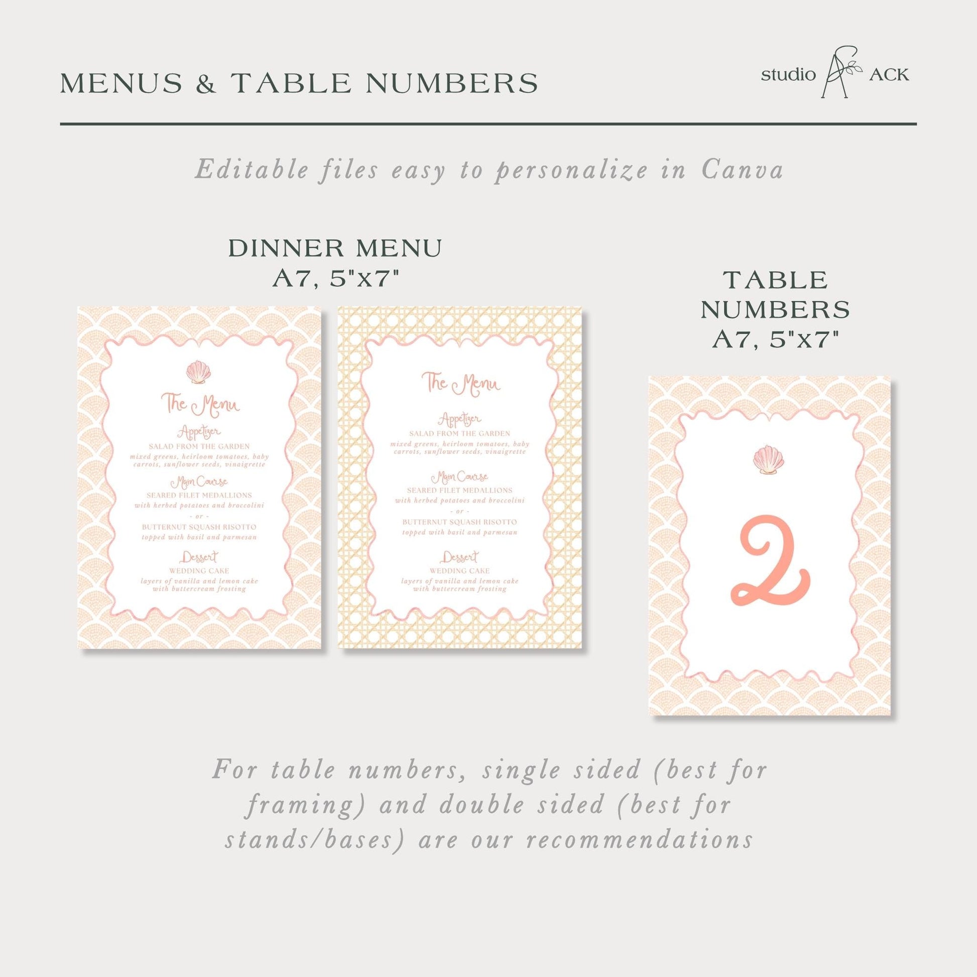 three different menu and table number designs, each with a unique pattern and layout. The text suggests that these designs can be edited to personalize in Canva, and the image is a collage of three separate images. The text provides recommendations for choosing the right design for table numbers, with a focus on single-sided and double-sided framing.