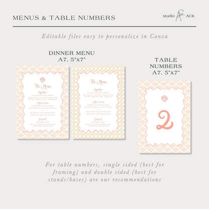 three different menu and table number designs, each with a unique pattern and layout. The text suggests that these designs can be edited to personalize in Canva, and the image is a collage of three separate images. The text provides recommendations for choosing the right design for table numbers, with a focus on single-sided and double-sided framing.